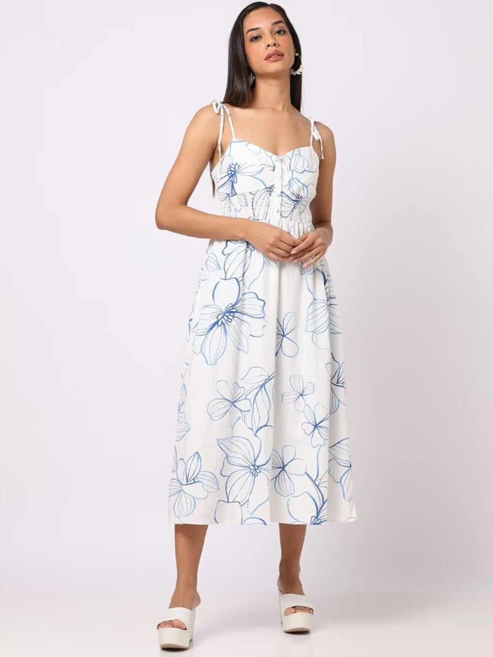 GAP White Blue Floral Linen Blend Corset Smocked A-Line Midi Dress, Size M